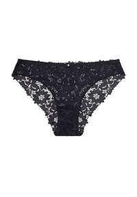 Czarne koronkowe majtki z wzorami kwiatowymi, falbaniastymi brzegami i półprzezroczystą teksturą z centralną solidną wstawką.