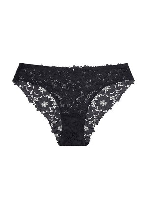 Schwarze Spitzenunterwäsche mit floralen Mustern, gewellten Kanten und einer halbtransparenten Textur mit einem zentralen festen Einsatz.