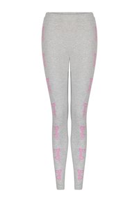 Leggings grigi chiari realizzati in materiale morbido, con ripetute scritte "Barbie" rosa in un carattere giocoso lungo i lati.