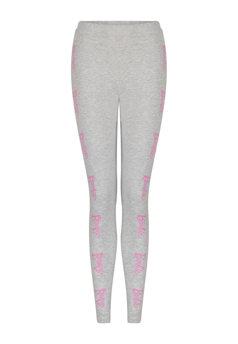 Leggings grigi chiari realizzati in materiale morbido, con ripetute scritte "Barbie" rosa in un carattere giocoso lungo i lati.