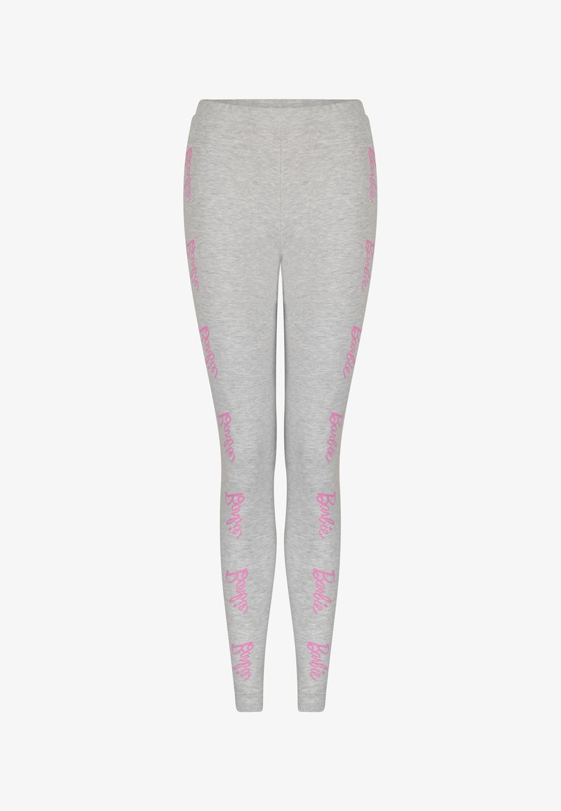 Leggings gris claro hechos de un material suave, con texto repetido en rosa "Barbie" en una fuente divertida a lo largo de los lados.