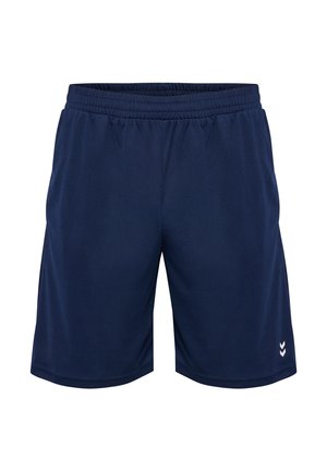 Marinefarbene Sportshorts mit elastischem Bund, glatter Textur und einem kleinen weißen Logo auf der unteren linken Seite.