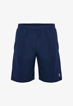 Granatowe szorty sportowe z elastycznym paskiem w talii, gładką teksturą i małym białym logo w lewym dolnym rogu.