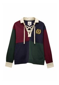 Langärmliges Rugby-Shirt mit cremefarbenem Kragen, Schnürhals, Emblem auf der Brust und Farbblockierungen in Burgunderrot, Marineblau und Waldgrün.