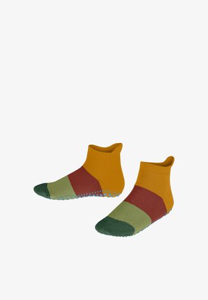 Bunte Knöchelsocken mit gelben, roten, grünen und blauen Akzenten und mit punktuellem Gummi-Grip an der Sohle für besseren Halt. Aus gestricktem Stoff.