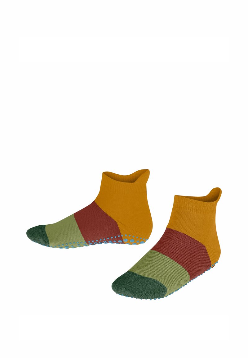 Bunte Knöchelsocken mit gelben, roten, grünen und blauen Akzenten und mit punktuellem Gummi-Grip an der Sohle für besseren Halt. Aus gestricktem Stoff.