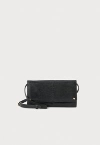 Black textured clutch bag with a fold-over design, detachable strap, and subtle gold hardware accent. Smooth interior lining.
