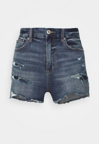 Short en denim bleu foncé taille haute avec détails usés, ourlet effiloché, bouton devant, fermeture éclair et design à cinq poches.