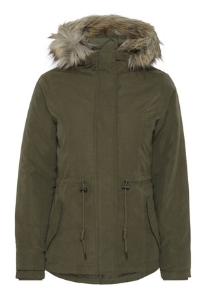 Olivgrüner Parkajacke mit einer mit Kunstfell gefütterten Kapuze, Kordelzug in der Taille, seitlichen Taschen und elastischen Manschetten. Glattes Gewebe mit matter Oberfläche.