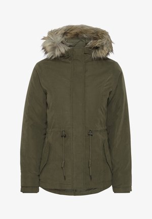 Parka olive avec une capuche doublée en fausse fourrure, taille ajustable, poches latérales et poignets élastiques. Tissu lisse avec une finition mate.