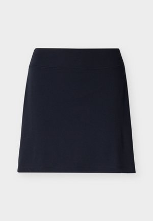 Navy skort made from stretchy fabric, featuring a flat waistband and a straight-cut design with a smooth texture and no visible patterns.