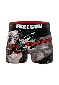 Boxers noirs présentant un design graphique audacieux de boxeurs, avec des accents rouges et une ceinture de logo estampillée "FREEGUN". Fabriqués dans un matériau respirant.