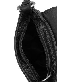 Black leather handbag with a zippered opening, showcasing a textured exterior and a smooth interior lining. Includes metal hardware accents.