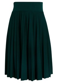 Mörkgrön plisserad kjol med bred midjeresår. Tillverkad av ett mjukt, flödande tyg, med vertikala linjer i en knälång design.