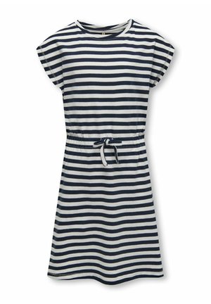 Navy and white horizontal striped short-sleeve dress with round neckline and adjustable waist tie.