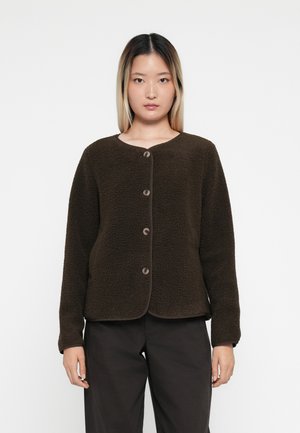 Dark brown fleece jacket with a round neckline, five button closure, and long sleeves. Features soft texture and contrasting trim.