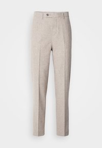 Light beige wool trousers with a smooth texture, straight cut, front pleats, and a single button closure at the waistband.