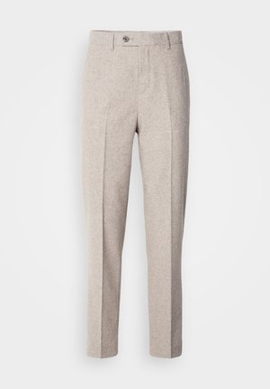 Hellebeige Wollhosen mit glatter Textur, geradem Schnitt, Vorderfalten und einem einzigen Knopfverschluss am Bund.