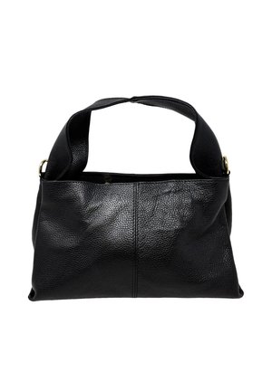Borsetta a tracolla in pelle nera texturizzata con ampia tracolla e anelli in metallo dorato su ciascun lato, mostrata su sfondo bianco.