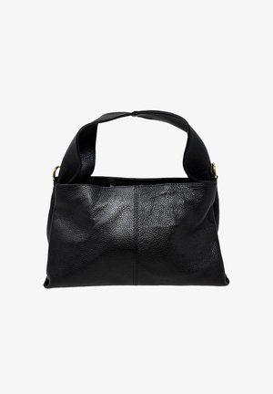 Borsetta a tracolla in pelle nera texturizzata con ampia tracolla e anelli in metallo dorato su ciascun lato, mostrata su sfondo bianco.