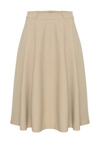 Beige A-line skirt with a smooth texture, high waist, and pleated design. Features a rear zipper for closure and a flared hem.
