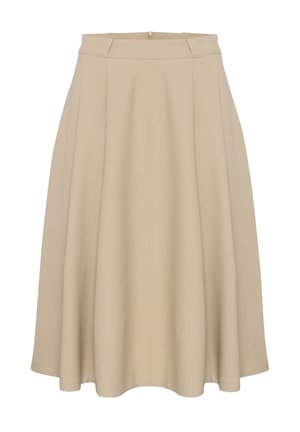 Beige A-line skirt with a smooth texture, high waist, and pleated design. Features a rear zipper for closure and a flared hem.