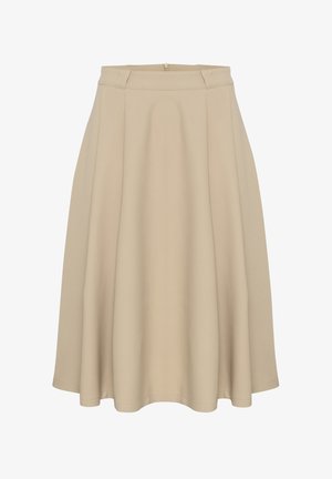 Beige A-line skirt with a smooth texture, high waist, and pleated design. Features a rear zipper for closure and a flared hem.