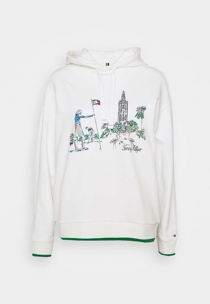 Sudadera blanca de algodón con un gráfico de golfistas y una torre, con acentos verdes en los puños y el dobladillo. Incluye capucha con cordón.