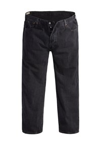 Zwarte denim jeans met een rechte pijpdesign, vijf zakken, knoopsluiting en oranje stikaccenten. Lichte vervaging over het geheel.