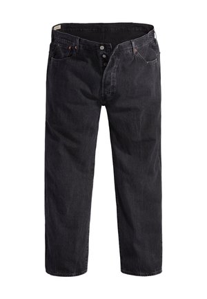 Black denim jeans with a straight leg design, five pockets, button fly, and orange stitching accents. Slightly faded texture throughout.