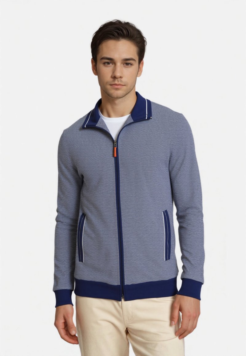 Reißverschlussjacke aus gestreiftem blauen Stoff, mit navyfarbenem Kragen, Seitentaschen mit weißen Akzenten und gerippten Bündchen. Glatte Textur.