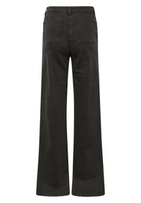 Bredde ben sorte denim jeans med høj talje, der har to baglommer, synlige sømme og en glat tekstur hele vejen igennem.