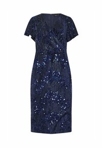 Navyblaues Kleid mit kurzen, flatternden Ärmeln, im Wickeldesign und mit Pailletten übersät, die eine strukturierte, funkelnde Oberfläche erzeugen.
