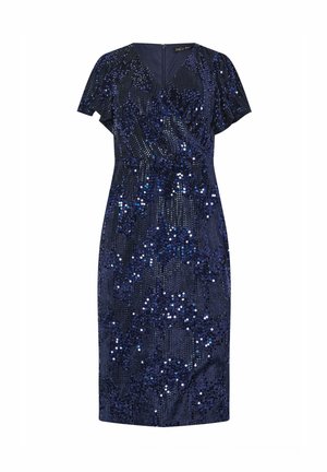 Abito blu navy con maniche a farfalla corte, caratterizzato da un design avvolgente e ricoperto di paillettes, creando una superficie testurizzata e scintillante.