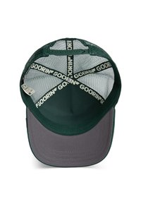 Green cap with a gray brim, featuring a mesh back. Interior has a branded black and white band and a rounded, structured shape.