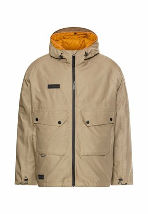 Beige jakke med hætte, med en gul foring. Inkluderer to frontlommer med klapper, en frontlynlås og justerbare snore.