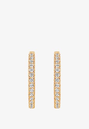 Boucles d'oreilles en or en forme de cercle avec une surface texturée, présentant une rangée de pierres claires scintillantes d'un côté.
