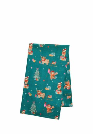 Tessuto verde a tema natalizio con illustrazioni di orsi con cappelli di Babbo Natale, renne, alberi di Natale e scatole regalo colorate sparse ovunque.