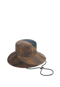 Bucket hat met een meerkleurig ruitpatroon in bruin, groen en blauw, met een koord onder de kin en een logo aan de zijkant.