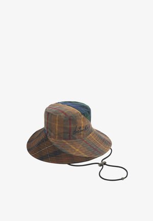 Bucket hat met een meerkleurig ruitpatroon in bruin, groen en blauw, met een koord onder de kin en een logo aan de zijkant.