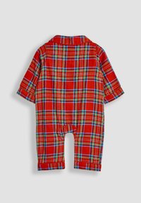 Rødternet jumpsuit lavet af blødt stof, med korte ærmer, krave og trykknaplukning forneden for nem påklædning og afklædning.