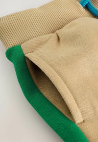 Gros plan sur un short en tricot beige avec bordure verte et ceinture côtelée à la lumière naturelle.