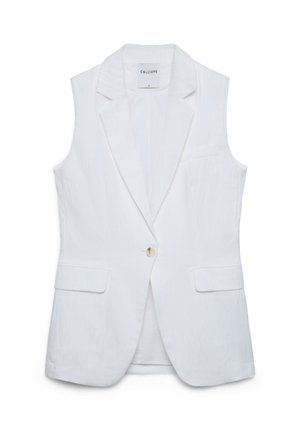 Weißes ärmelloses Blazer mit Kerbkragen, einreihiger Knopfverschluss, zwei Pattentaschen und einer Brustleistentasche.