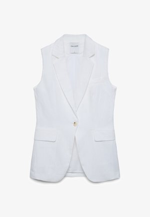 Weißes ärmelloses Blazer mit Kerbkragen, einreihiger Knopfverschluss, zwei Pattentaschen und einer Brustleistentasche.