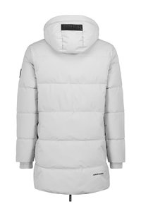 Weißer Puffer-Jacke mit Kapuze, ausgestattet mit einem gesteppten Design, elastischen Bündchen und zwei Seitentaschen. Mit Branding auf der Kapuze und dem Saum.