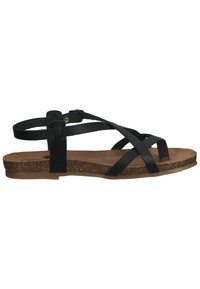 Sandalia de cuero negra con múltiples correas cruzadas, una correa ajustable en el tobillo y una plantilla de corcho, con una suela plana de goma.
