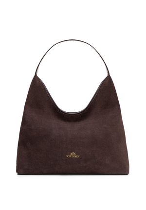 Sac à main en daim marron foncé avec une seule et fine bandoulière et un petit logo doré "WITTCHEN" centré près du bas.