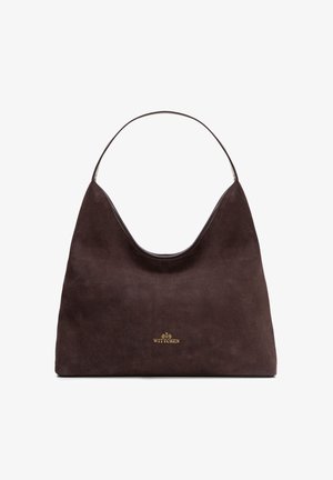 Dunkelbraune Wildleder-Handtasche mit einem dünnen Schulterriemen und kleinem goldfarbenem "WITTCHEN"-Logo, das zentral nahe dem unteren Rand angebracht ist.