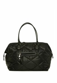Sac à main noir matelassé avec poignées doubles, fermeture à glissière supérieure et poche frontale zippée. Comporte des accents en simili cuir et une texture lisse.