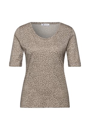Kurzärmeliges, rundhalsausschnittiges Oberteil in Hellbraun mit dunklem Leopardenmuster. Hergestellt aus weichem Stoff mit glatter Textur.